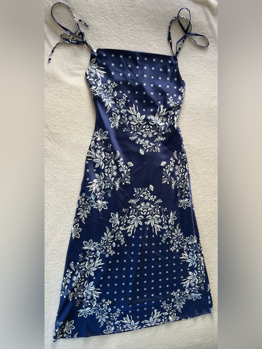 Navy White Floral Midi Dress Tie Strap Size M Wedding Beach Vacation Boho Brunch